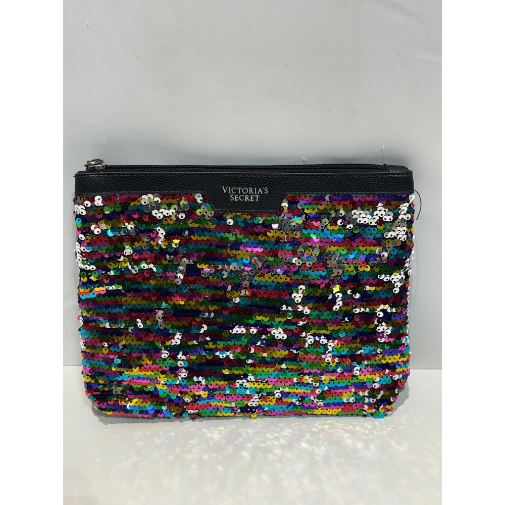 Victoria's Secret Makeup Bag Women OS Multi Rainbow Sequin Zip Pouch Clutch
